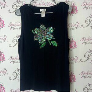 Nomi shirt Black Tank Top with Green Sequin Floral Design flower vintage